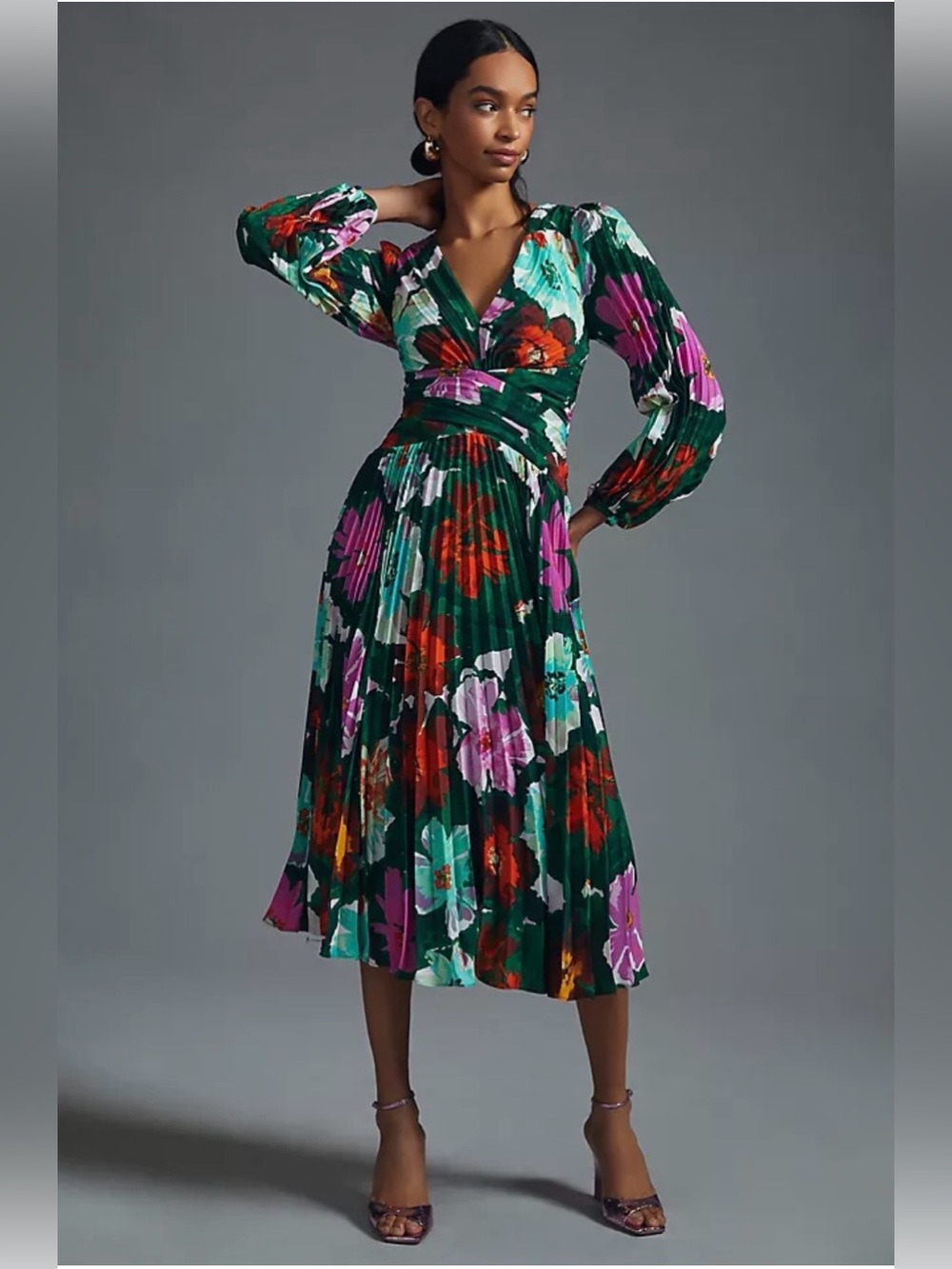 Anthropologie Green Floral Pleated Midi Dress with Multicolor Blooms Size 10